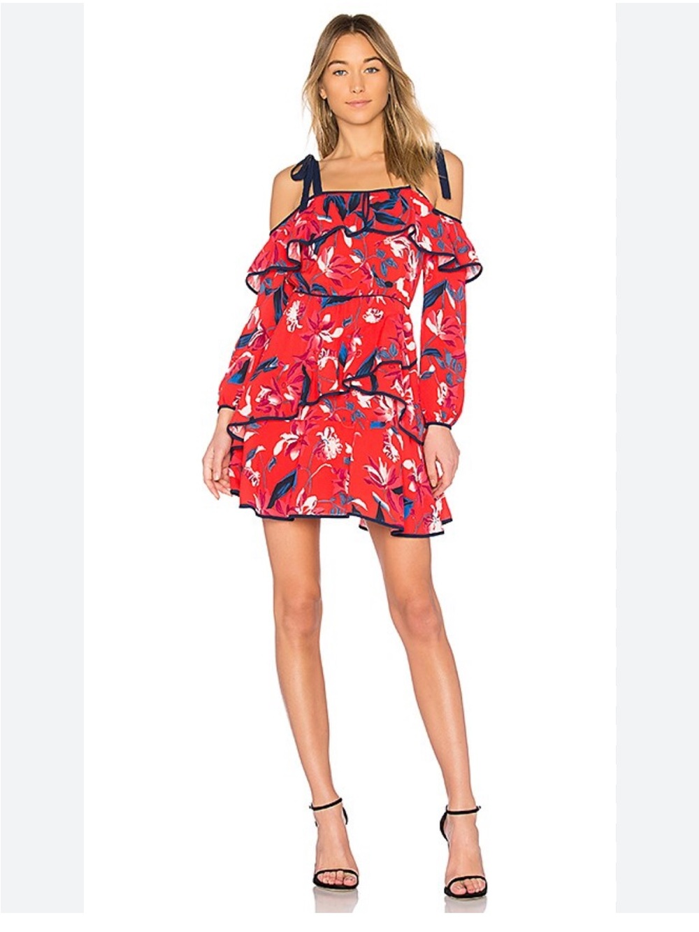 Tanya Taylor Red Floral Off-Shoulder Ruffle Mini Dress 100% silk